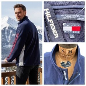 Tommy Hilfiger Vintage 90s Fleece Quarter Zip Spellout Logo Men's XXL Navy‎ Red